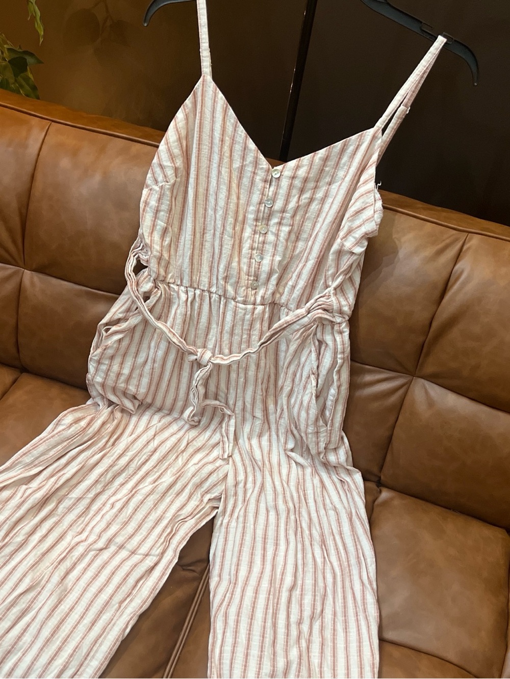 Wish Striped Pink and Cream Sleeveless Jumpsuit with Tie Waist